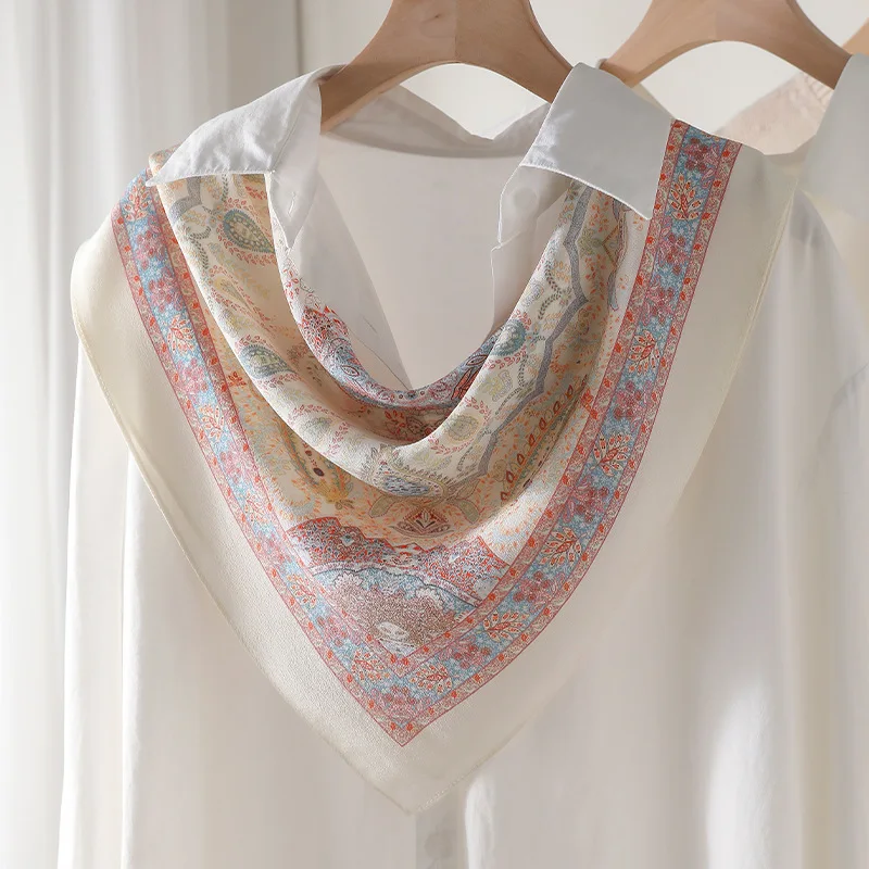 100% Mulberry Silk Scarf 65x65cm French Garden Floral Print Real Silk Crepe Square Scarf Mint Green Elegant Neck Scarf Bandana
