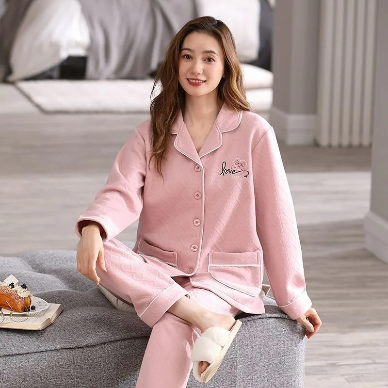 2023 New Autumn Winter Women\'s Pajamas Three Layers Pure Cotton Thickened Warm Air Cotton Interlayer Thin Cotton Set Homewear