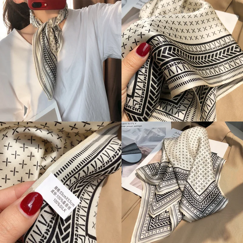 Luxury Neck Scarf Women 100% Nature Real Silk Bandana Foulard Femme Brand Hairband Lady Headwear Square Small Neckerchief 53cm