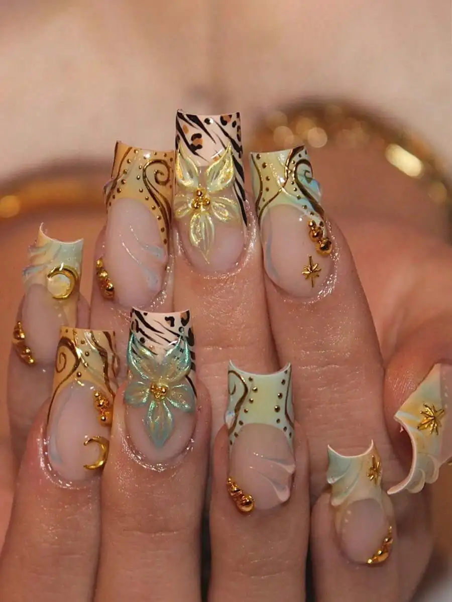 

24pcs/Set Elegant 3D Floral, Wavy, Star, Moon & Pearl Designed Long Square Press-On Nails, Colorful Nail Art Accessories Suitabl
