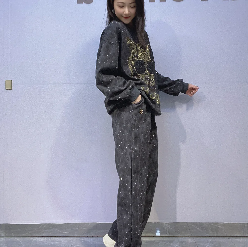 الاستبداد النمر رئيس الساخن الحفر المرأة قطعتين مجموعة الخريف طويلة الأكمام س الرقبة كنزة قطيفة + السراويل المستقيمة غير رسمية #4