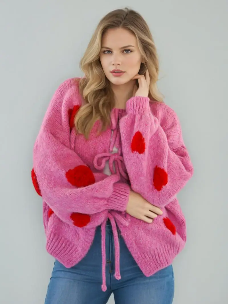 

Модный кардиган на осень-зиму, вязаный свободный кардиган 2025, женский свитер с вышивкой вишни, милый и нежный