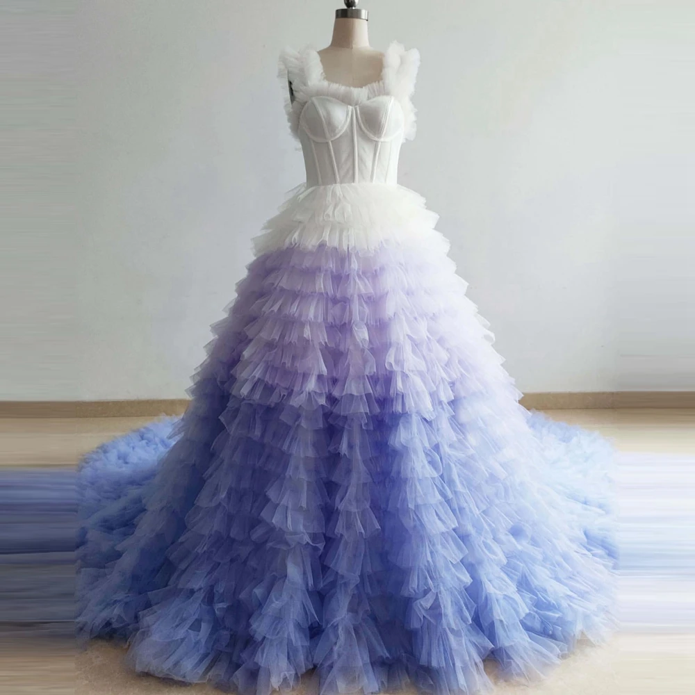 Real Image Mesh Ruffles Prom Gowns Elegant Tiered Tulle A Line Evening Party Dresses Sleeveless Mix Colors Pagenat Dress