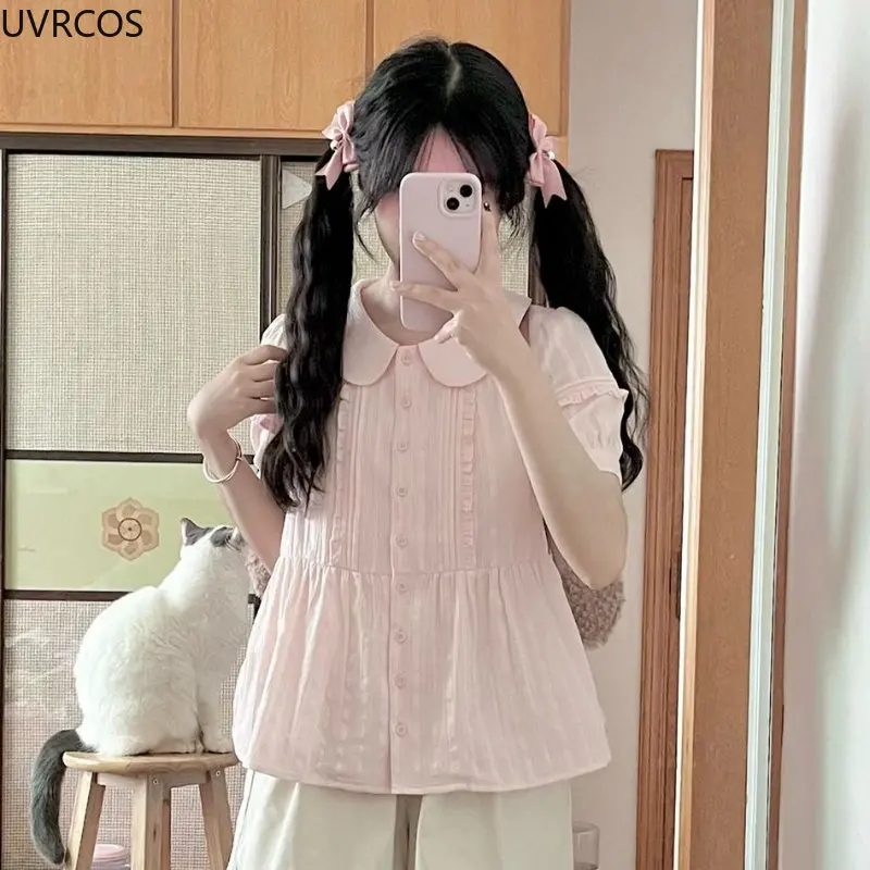 Pink Japanese Sweet Women Shirt Kawaii Cute Pleated Pan Collar Short Sleeve Lolita Blouses Y2k Aesthetic Fashion Blusas De Mujer