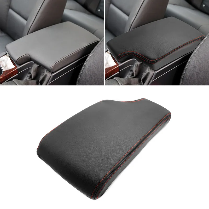 For BMW 3 Series E90 2005 2006 2007-2012 Car Interior Center Console Armrest Pad Cover Black Microfiber Leather Red Line Trim