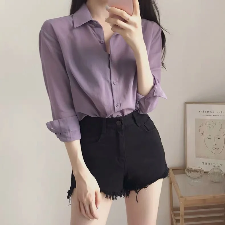 

Брендовая женская летняя фиолетовая шифоновая одежда с костяной петлей, дизайн, нежный ветер, длинный воротник-свеч, офисная одежда на пуговицах