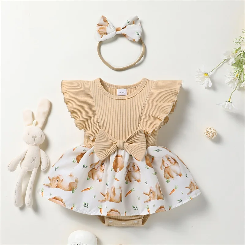 

2023-12-12 Lioraitiin Infant Baby Girls Romper Dress Ruffles Fly Sleeve Rabbit Print Jumpsuits+Bowknot Hairband Summer Clothes