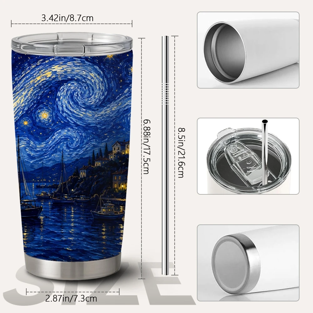 Starry Coastal Night Vacuum Flasks 20oz Long Lasting Hot Cold Drinks Container Leakproof Stainless Steel Cup&Straw&Travel Gift