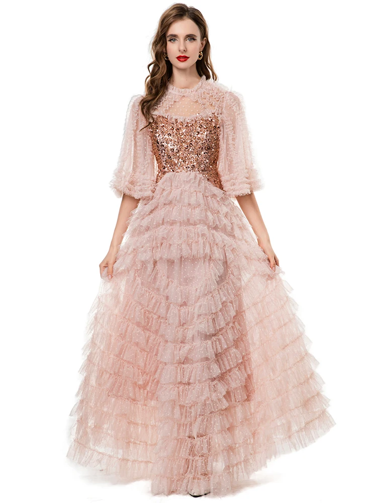 Dldenghan lantejoulas dot malha maxi vestido para mulher o pescoço mangas alargadas em camadas babados festa do vintage bolo vestido de verão feminino