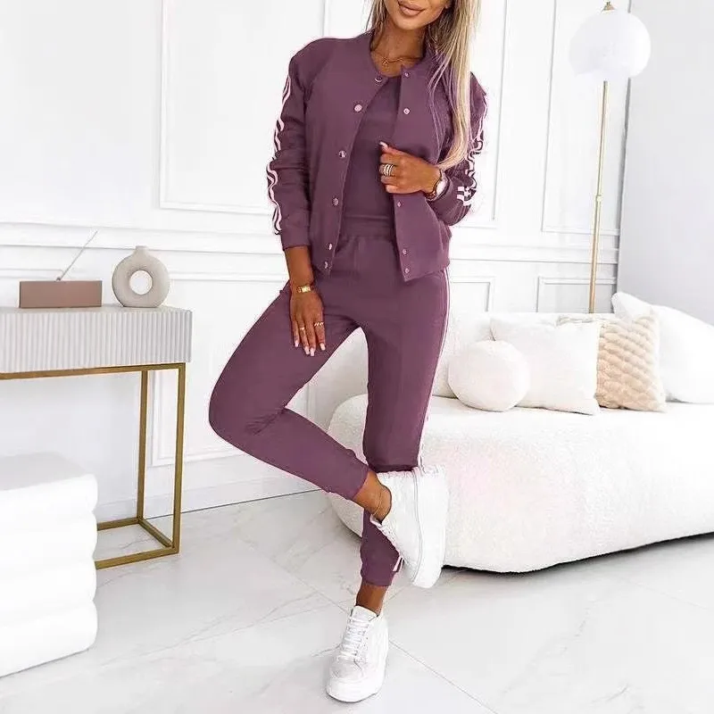 Setelan Olahraga Kasual 3 Potong 2025 Jaket Hoodie Bergaris Warna Solid + Rompi Tank + Celana Slim Wanita Tracksuit