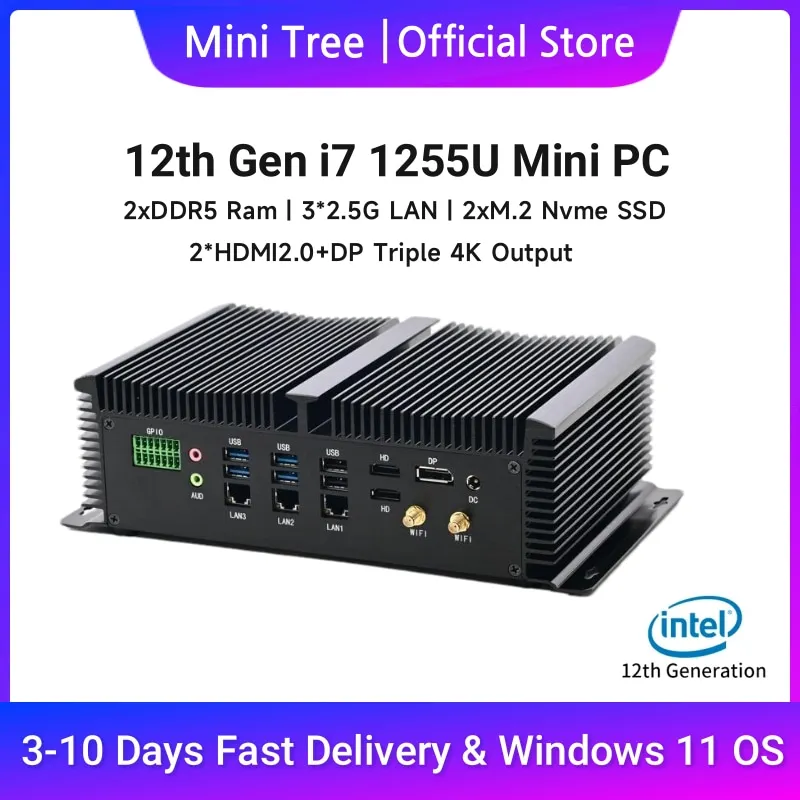 Fanless Industrial Computer GPIO 8 COM Ports 3x2.5G Lan Core i7-1260P i5-1235U Linux Business Desktop Wall Mount Mini PC HD DP