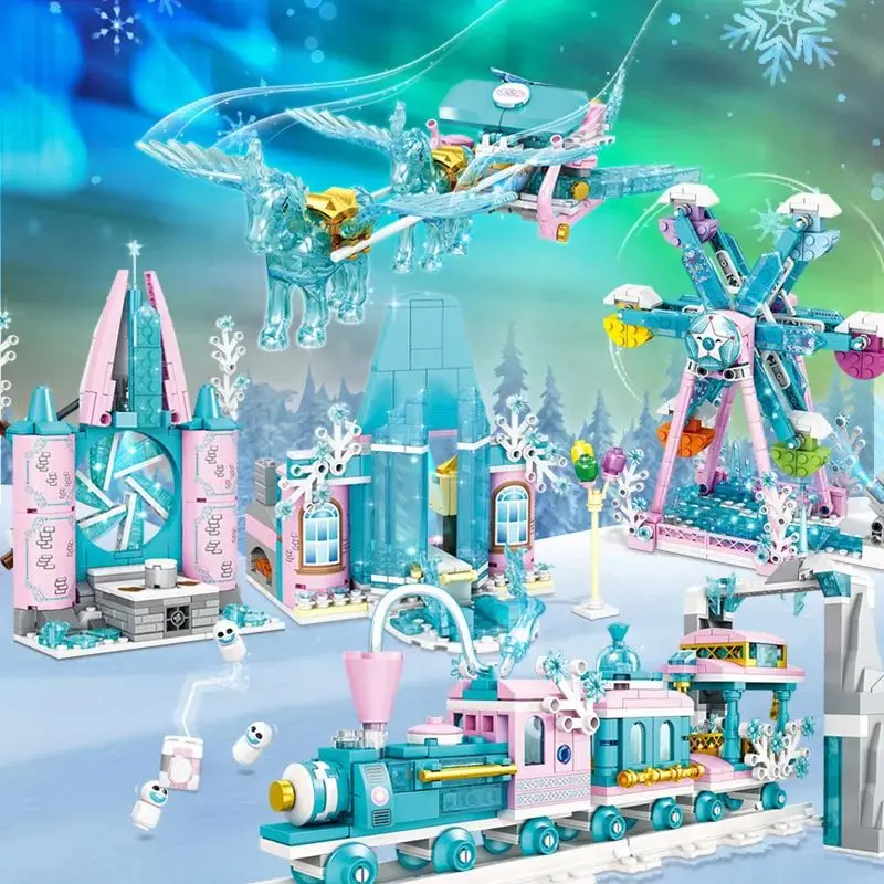 Ice and Snow World Series ABS Building Block Set Snowman Carriage Sleigh Snow Country Train Princess Theme With Color Boxed