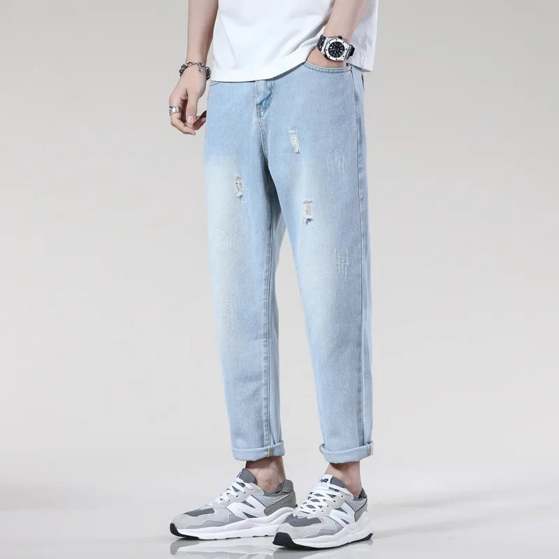 

Spring Summer New Fashion Men's Light Blue Jeans Pants Slid Color Casual Trendy Straight Hole Patched Denim Trousers Streetwear