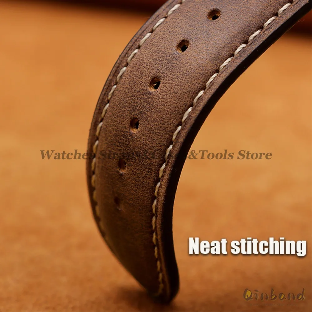 Genuine Cowhide Leather Band for Omega Business Watch Band for Seiko 14/16/18/20/22/24mm Butterfly Buckle Stitching Brown Straps image 4