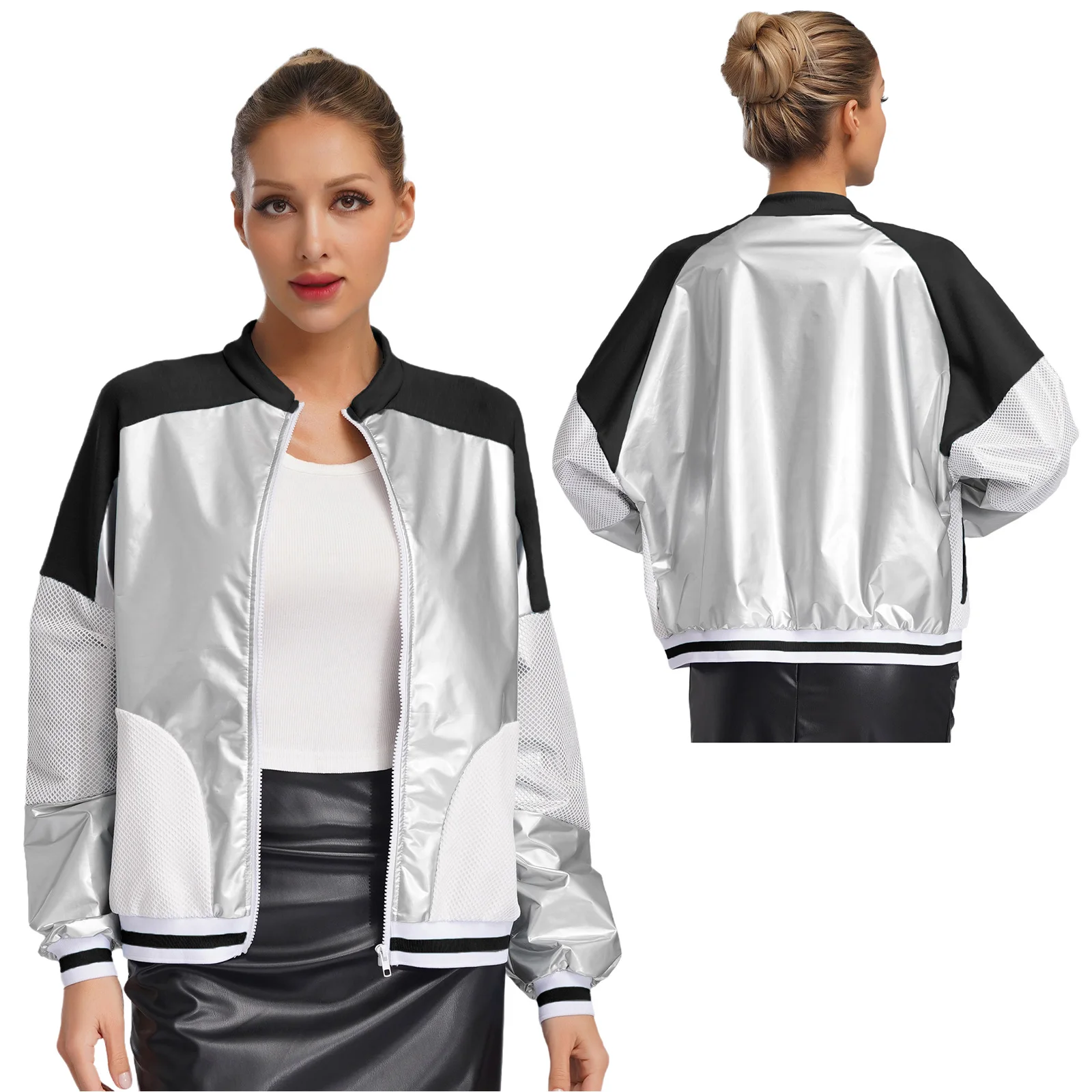 Women Fashion Racing Speeding Shiny Jacket Coats Long Sleeve Hollow Out Mesh Patchwork Coat for Daily Casual Thin Outerwear