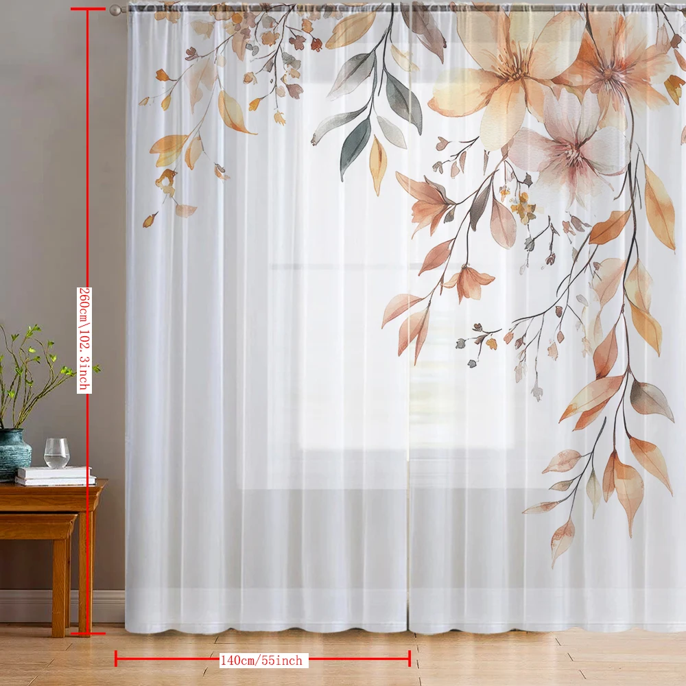 2PCS Orange floral printed window screens for home decoration, with pole bags, suitable for kitchens, cafes, and living rooms