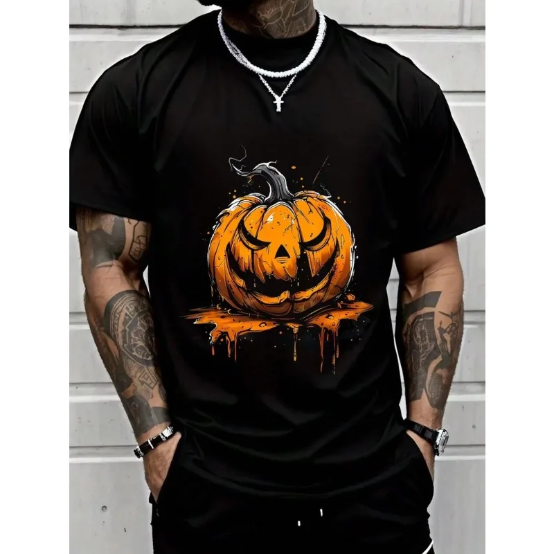 

Black T-Shirt With Halloween Urban Hippie Cat And Pumpkins Print Men's T-shirts Oversized Shirt Men's Clothing Kids Girls Clothe