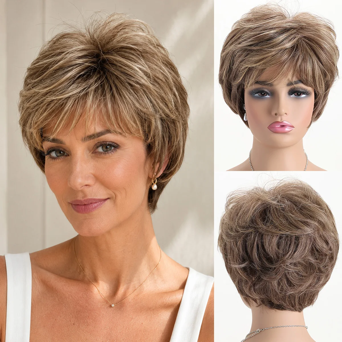 Mixed Color Short Curly 10 Inch Natural Synthetic Wig For Women Suitable For Daily Party Christmas Halloween Wedding Dance Party