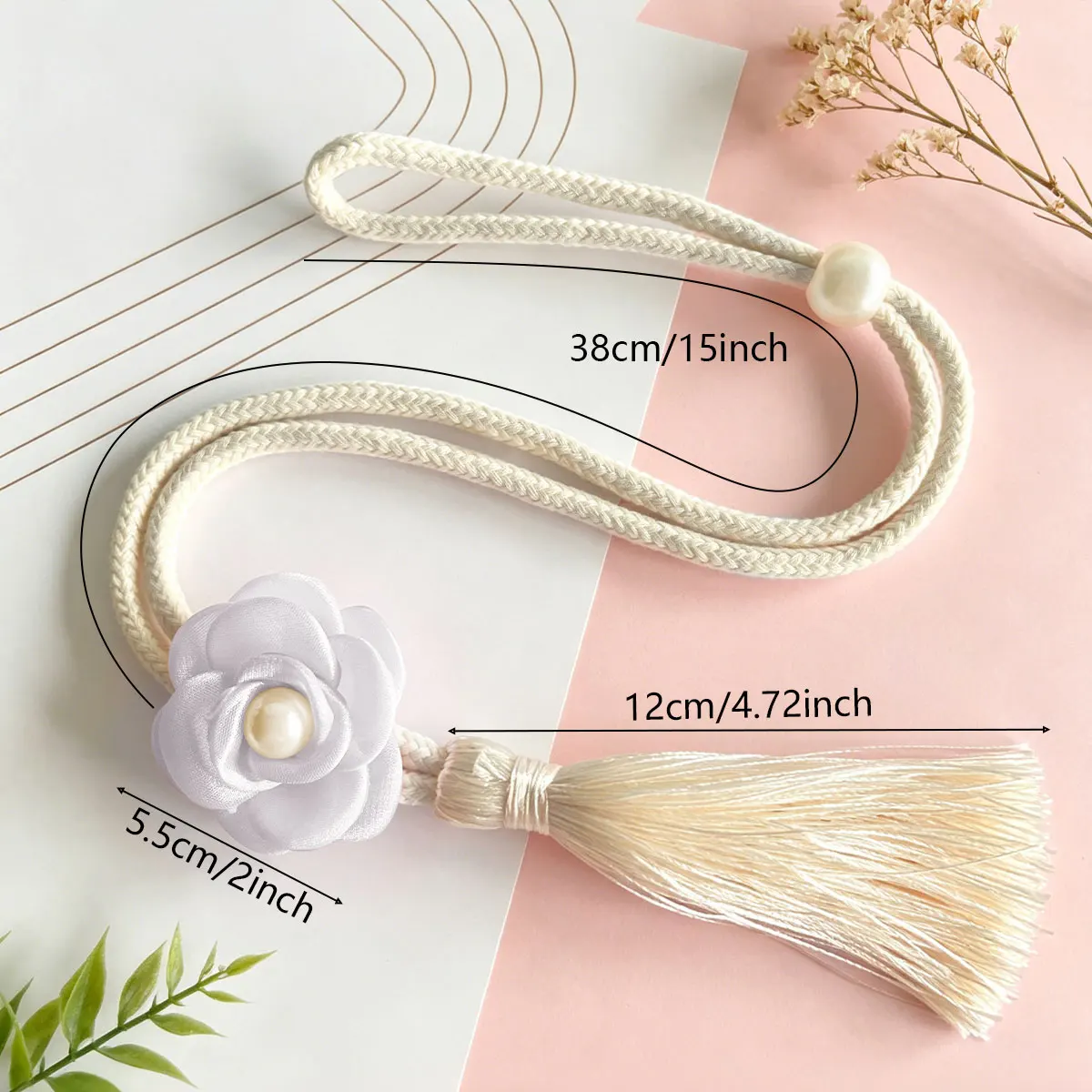2pcs Lavender Camellia Pearl Tassel Curtain Tiebacks, French Cream Ins Style, Hand Woven Rope Drape Holdbacks for Girls Bedroo