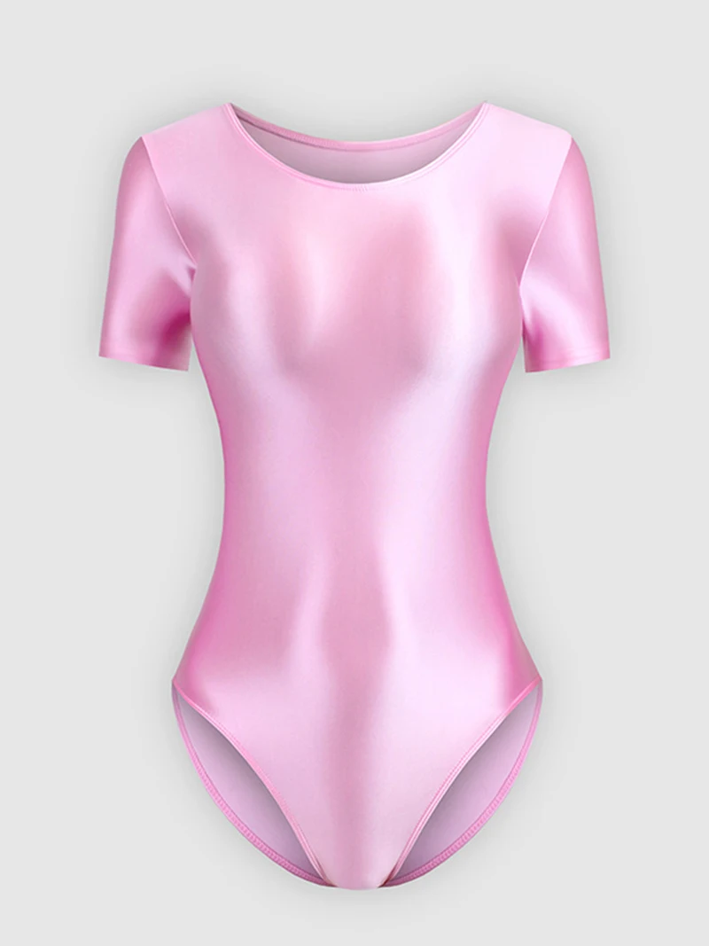 Women Short Sleeve Tight Glossy Dance High Cut Bodysuit Yoga Solid Shaped Practice Rhythmic Gymnastic Leotard Swimsuit Dancewear