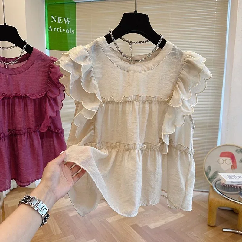 Women O-Neck Loose Shirts Summer Solid Sweet Sleeveless Shirt Top Fashion Korean White Ruched Butterfly Sleeve Blouse Clothes