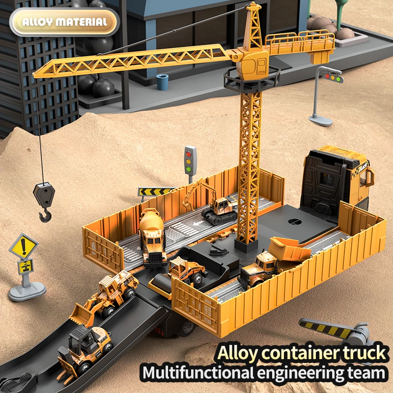 Crane Construction Truck Tower Alloy Engineering Bulldozer Kids Play Excavator Vehicles Cars Set Toys Model container for Boys