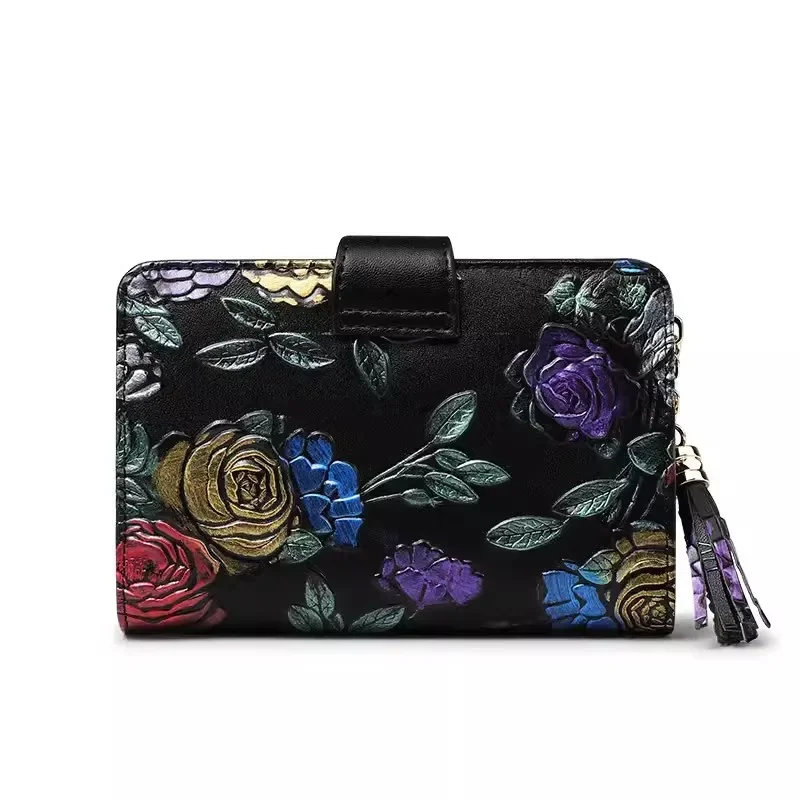 محفظة زهرية قصيرة للنساء 2025 محفظة صغيرة جديدة للنساء بطاقات وعملات معدنية حقيبة محفظة من جلد البقر