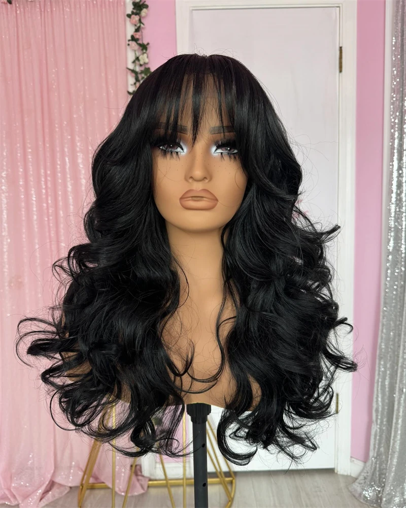 Onda do corpo peruca frontal de renda com franja para mulheres, cabelo sintético natural, fibra de alta densidade, cor preta, fibra alta, perucas femininas