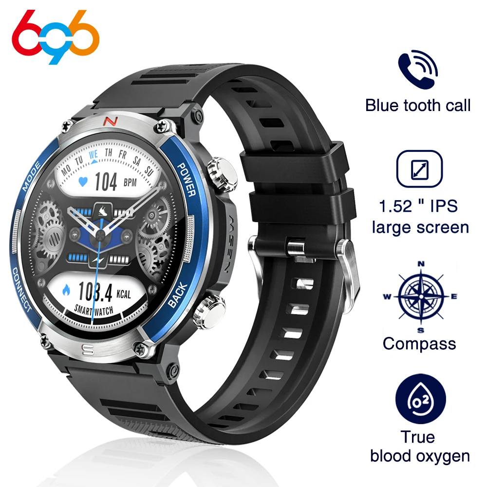 1.52 Inch 360*360 HD Screen Blue Tooth Call Smartwatch Men Compass Heart Rate Blood Oxygen Detection 420MAH Long Standby Sports