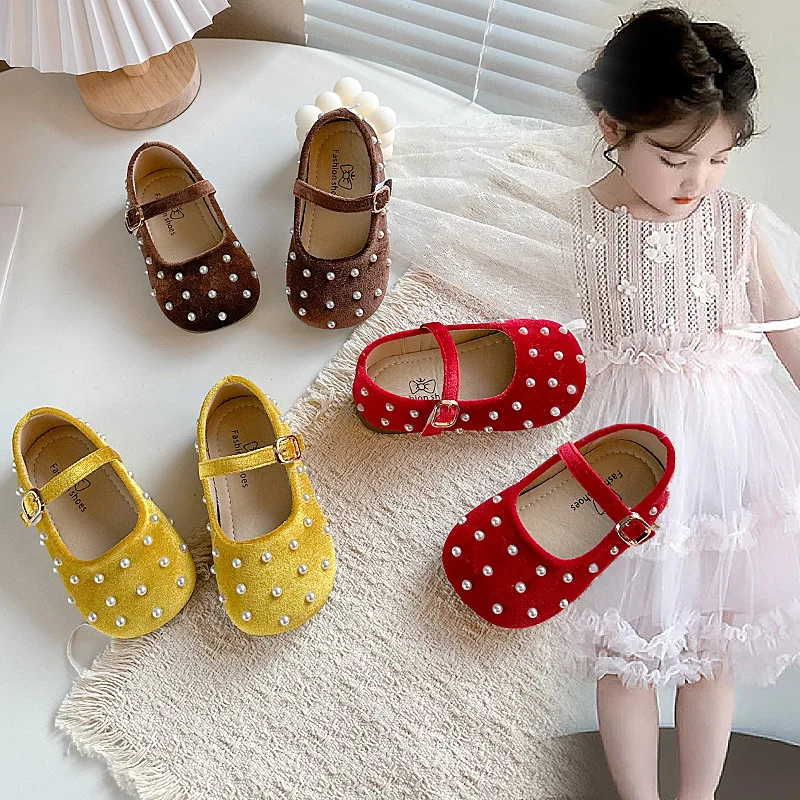 Kids Flat Shoes Princess Style Sweet Pearls Children Dance Shoes Candy Color 2026 Brand New Girls Moccasins Sweet Soft Round Toe
