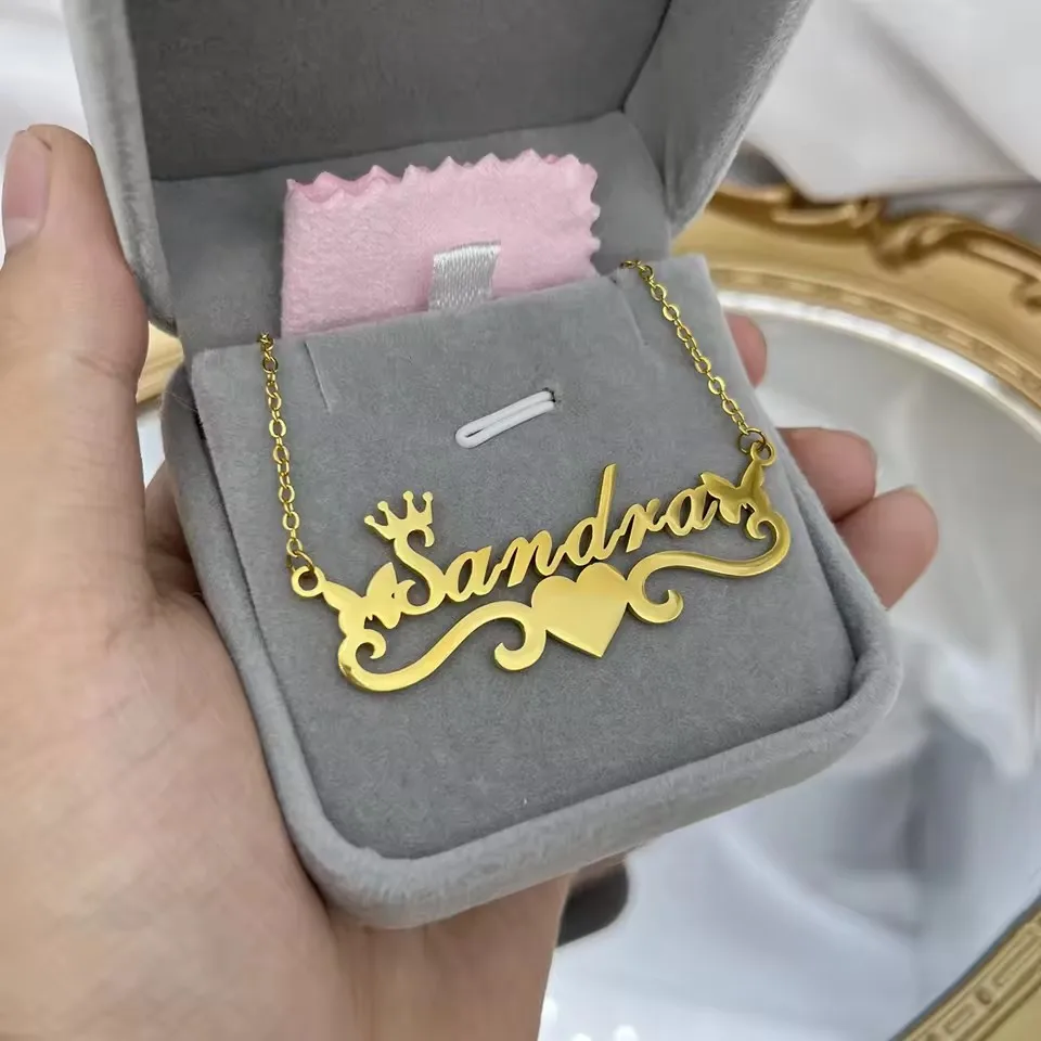 

Women Best Gifts Jewelry Stainless Steel Crown Nameplate Pendant Necklace Custom Butterfly Name Necklace With Heart Ribbon