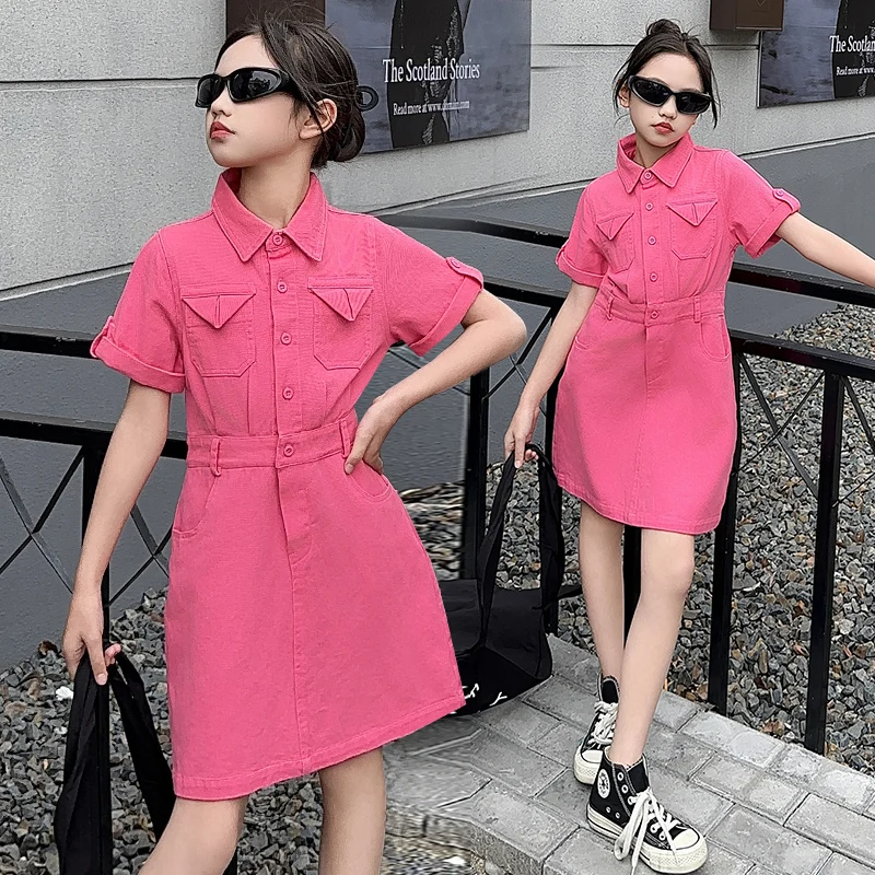 

junior girls Design pink denim dress fashion cotton design teenager girl cargo frock vestido ocasional princess dresses 10 12 14