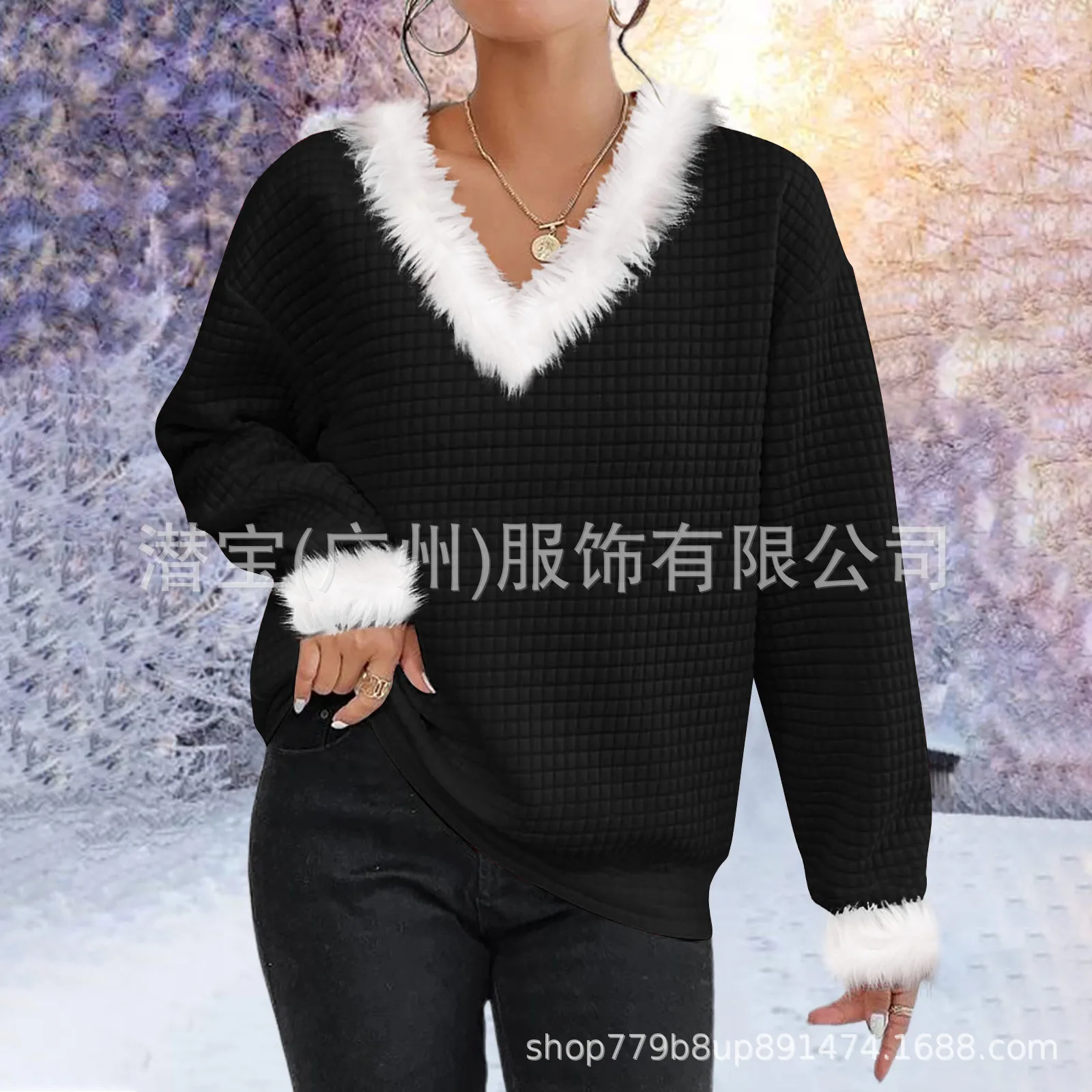 2025 New Autumn and Winter Solid Color Three-dimensional Plaid V Sweater European and American Women's Clothing