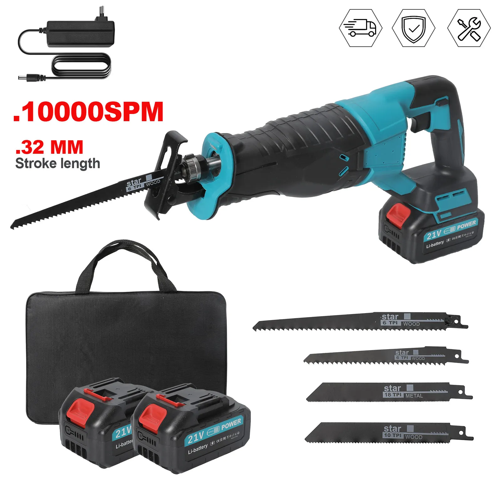 Sierra Recíproca Inalámbrica de 21V, Sierra de Sable Eléctrica Compatible con Baterías Makita, 10000SPM, Velocidad Variable, para Cortar Metal y Madera