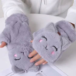 Mitaines à rabat demi-doigt pour femmes et filles, gants sans doigts, optique douce, peluche, chat, lapin, chaud, hiver