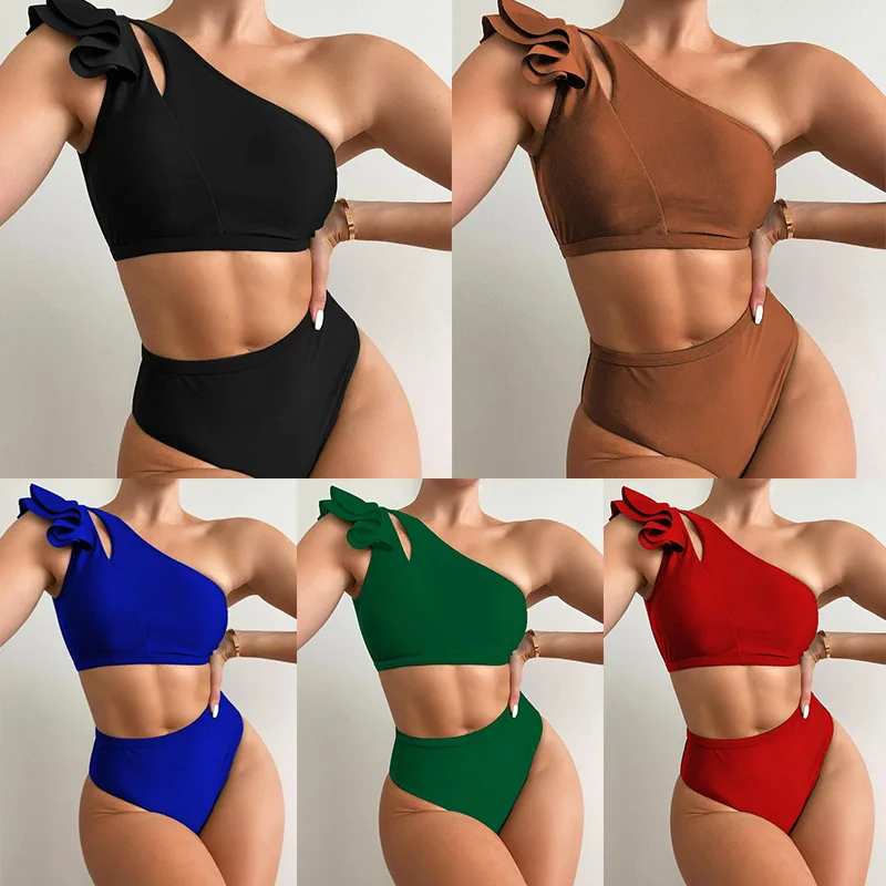 

Solid color sexy split high waist shoulder flash women's bikini vacation swimsuit 2025 new