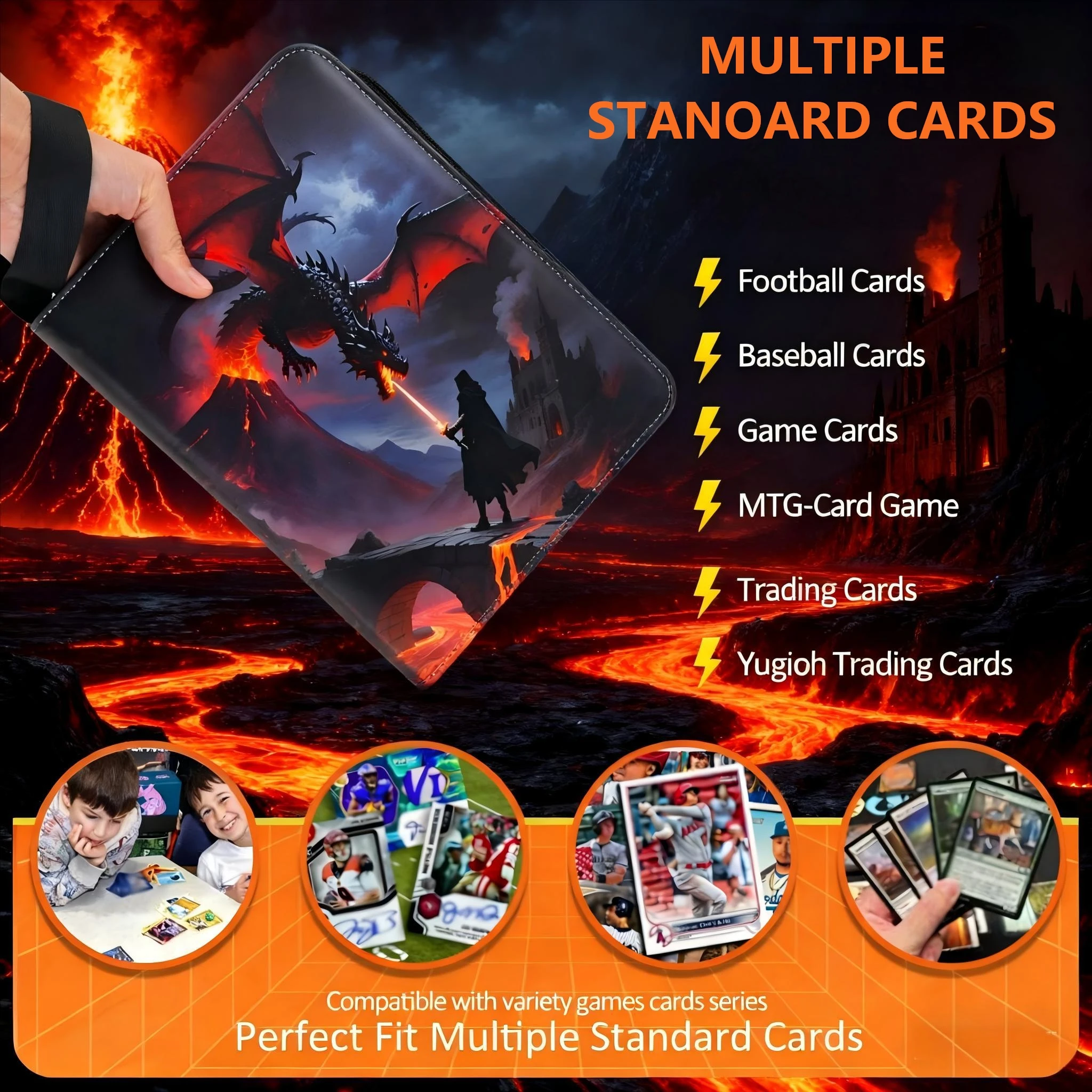 حافظة بطاقات محمولة مكونة من 9 جيوب لبطاقات التداول Tcg، مناسبة لبطاقات Tcg/Ptcg/Ygo، أكمام بطاقات شفافة على الوجهين، مقاومة للماء، يمكن أن تحمل 900 بطاقة، ثلاثية المحاربين: أسود - Dragon Battle Lava، هدية عيد الميلاد، هدية عيد الميلاد