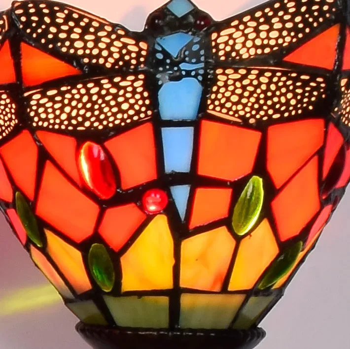 Faros de espejo de baño con vitral de libélula roja Vintage, barra de pasillo americana, tres luces de pared