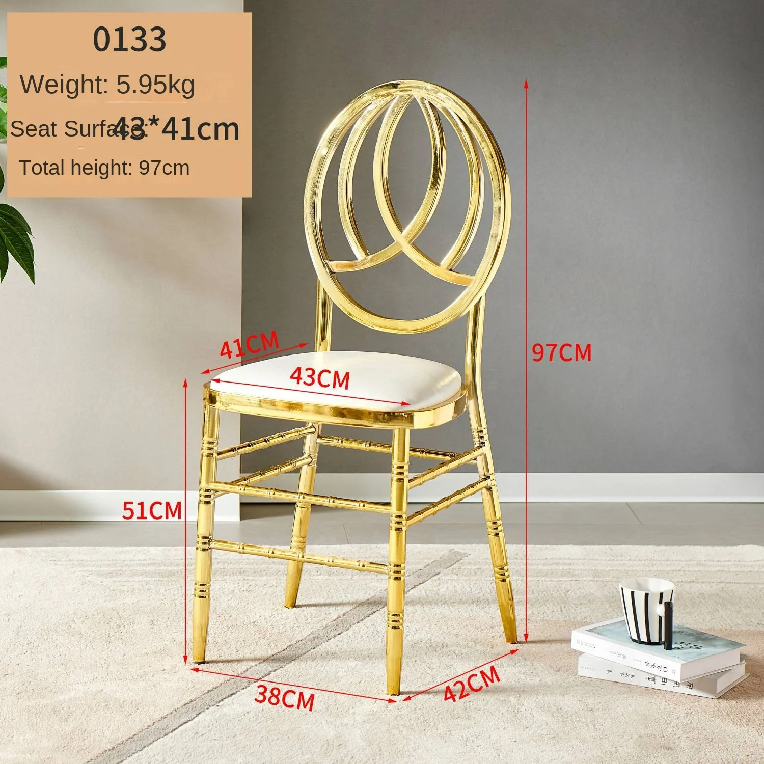 * Luxury Round Back Pu Leather Wedding Dining Chair Stainless Steel Gold Wedding Hotel Chair