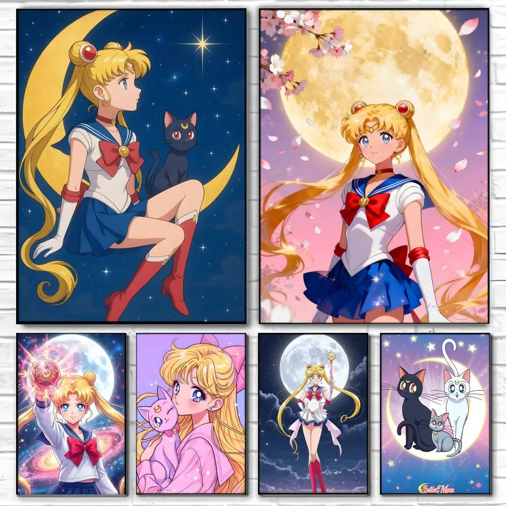 Magical Girl Anime S-Sailor Moon Poster  Self-adhesive Art Waterproof Paper Sticker Coffee House Bar Room Wall Decor