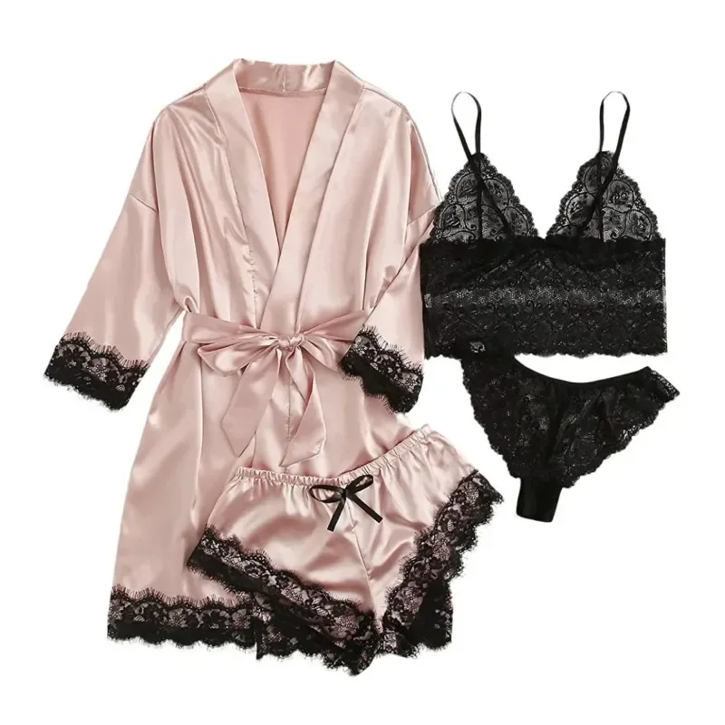 

Sexy High-quality Lace Camisole Sleepwear 4-piece Set Soft Comfortable Seamless Breathable Women's Sexy Lace Nightgown