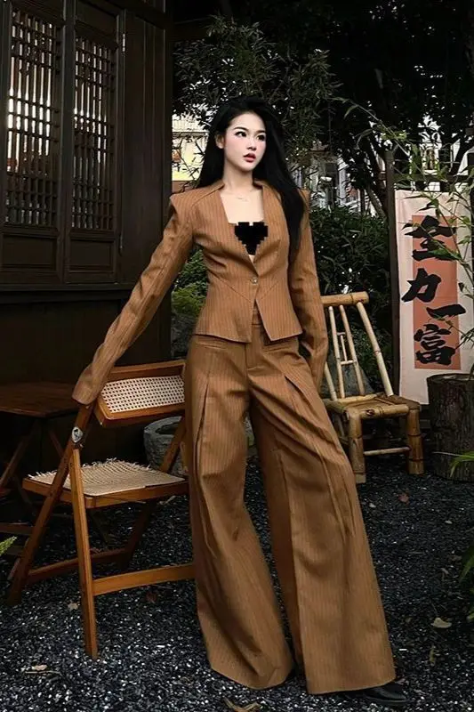 

Insozkdg Fashion Suit Women Clothing Spring New Retro Slim Fit V-neck Short Coat Wide Leg Pants Two Piece Set Women Outfits