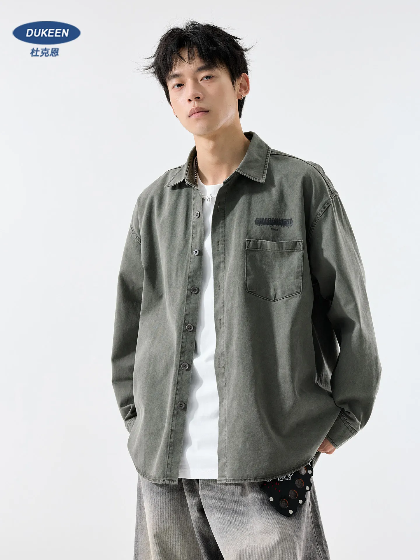 DUKEEN Men's Heavyweight Washed 100% Cotton Shirt Jacket Vintage American Workwear Casual Overshirt