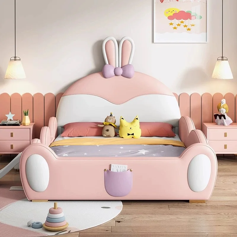 Wholesaler Children Parapet Beds Kid New Bunny Design Bed Boy Cute Double Kids Pink Bed With Stairs Slide Bedroom Furniture Set