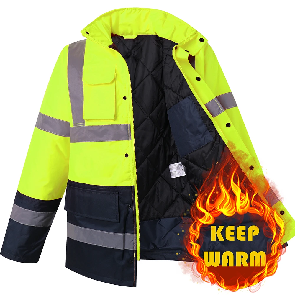 Jaket Parka Pria Baju Dewasa Musim Dingin Hangat Mantel Reflektif Jaket Kerja Hi Vis dengan Jaket Tahan Air Multi Saku Pria