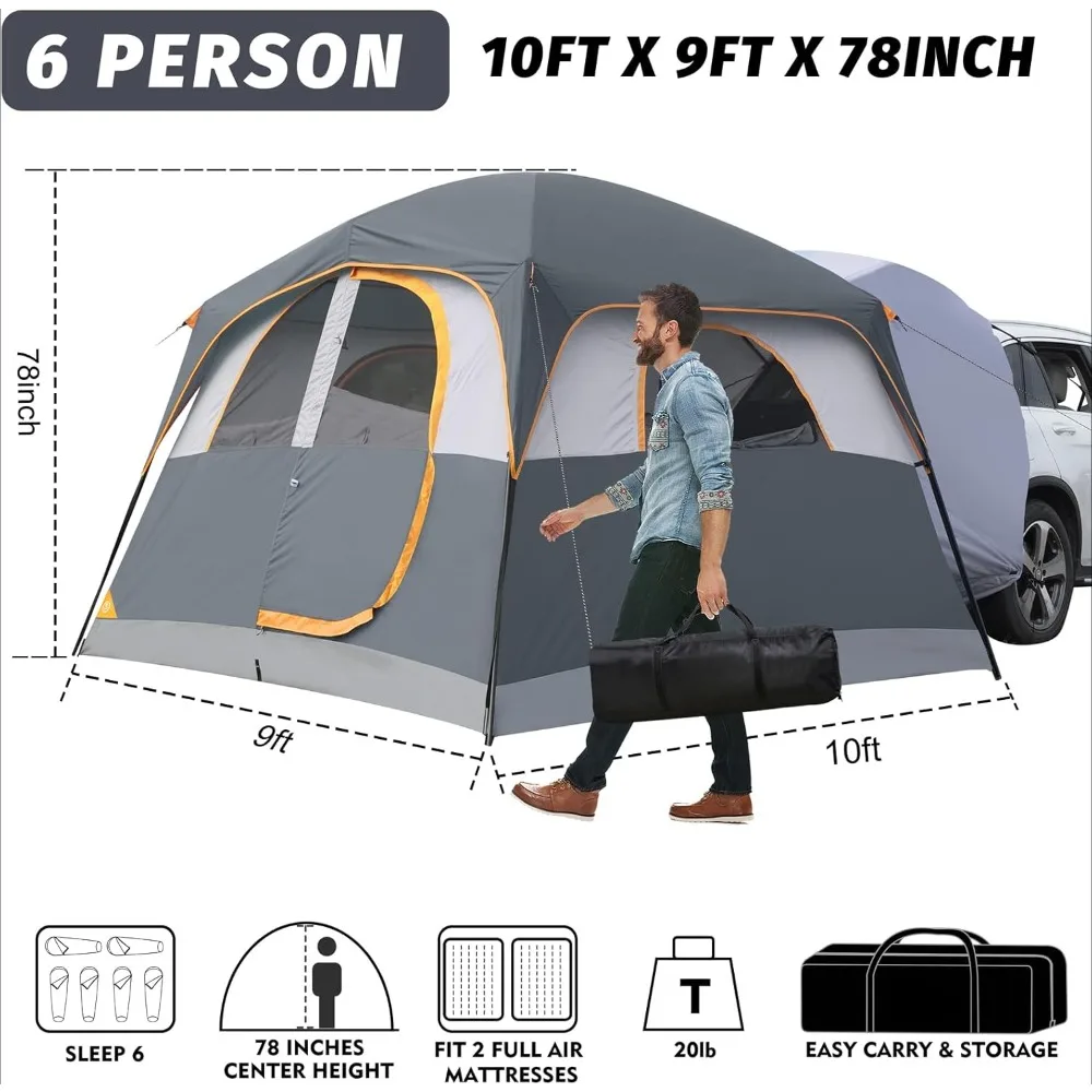 Tent for Camping, 6-Person Car Camping Tent, SUV Tailgate Tent for Outdoor, Easy Set Up Tent with Rainfly