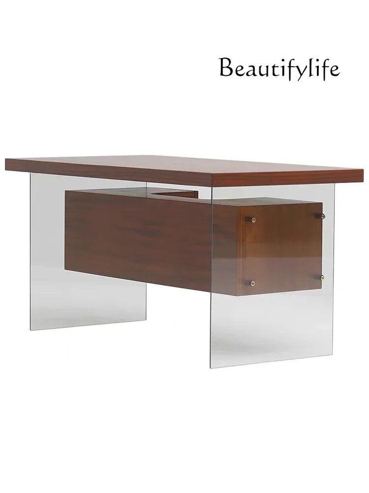 

Medieval style desk glass retro walnut color desk wabi sabi wind minimalist modern minimalist