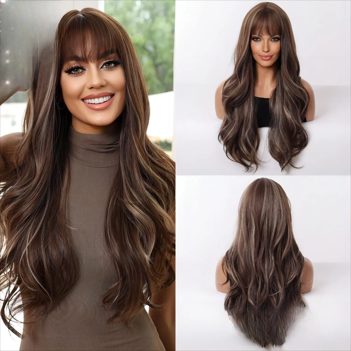 

European and American wig bangs big wave brown mixed light gold full head wig female
