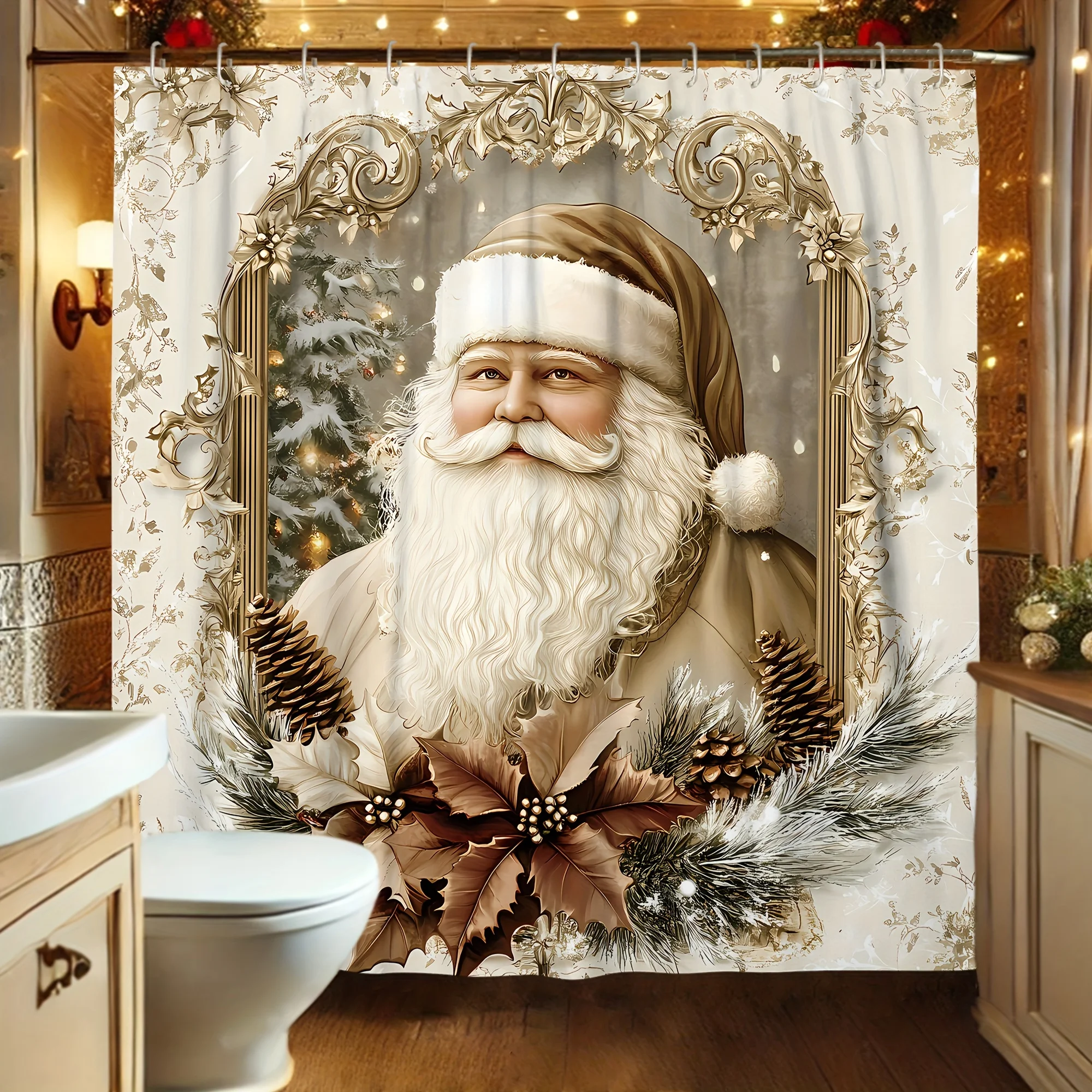 4Pcs Xmas Shower Set – Santa Pinecone, Vintage Gold Beige, Curtain, 12 Hooks, Non-Slip Mat, U-Cover, Holiday Gift Decor