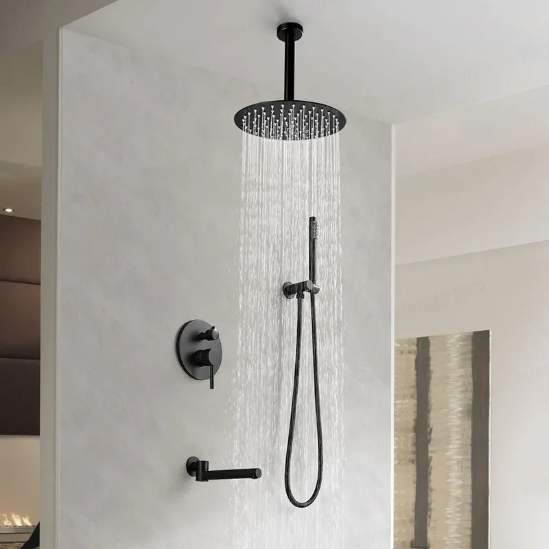 Modern Wall-Mounted Rain Shower Head Set Brass round Large Rainfall Tap Concealed Gold Black for Bathroom System
